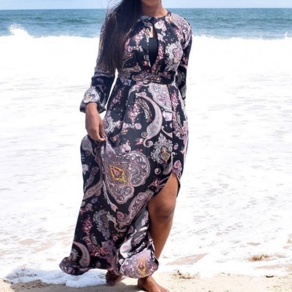 Express Black and Purple Paisley Long Sleeve Maxi Dress - Picture 4 of 15